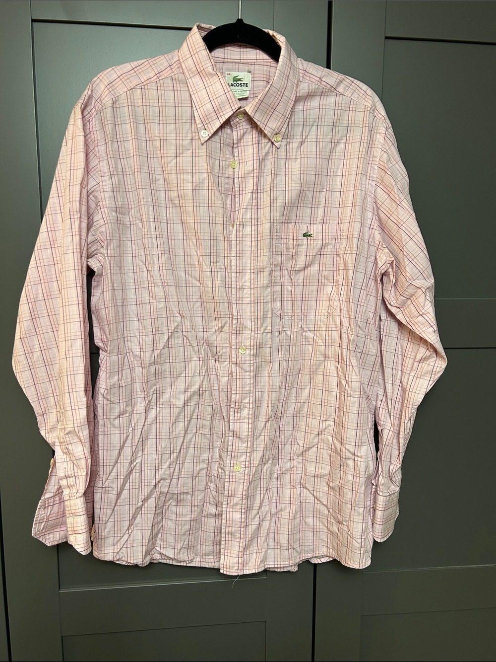 Lacoste Men’s Light Pink Plaid Button-Down Shirt with Subtle Multi-Color Stripes